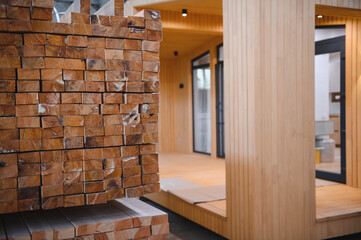 Newly built single storey prefabricated modular building. Prefabricated mobile wooden house at construction site