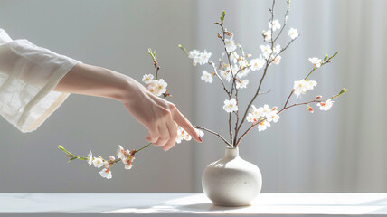 生け花を嗜む日本女性の繊細な手つき