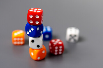 Closeup image of colorful dice with copy space. Luck, chance and gamble concept.