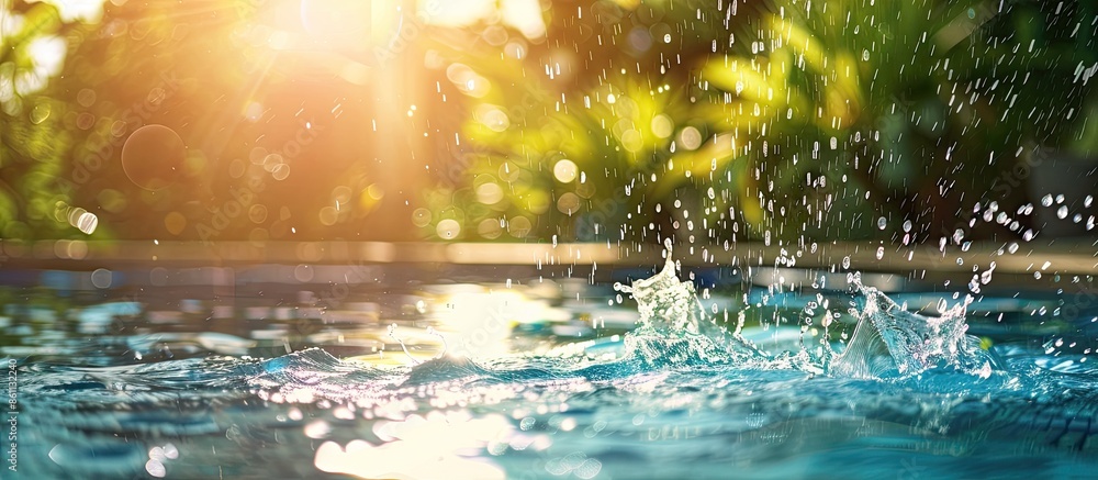 Poster many splashes in the swimming pool after jump diving over garden on sunny day. copy space image. pla