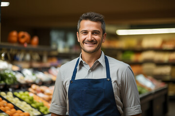 Worker in apron stands before food counte