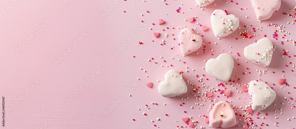 Aufkleber valentine's day concept. top view photo of heart shaped marshmallow candles and sprinkles on isolate