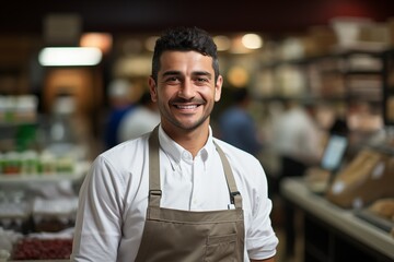 Fototapeta premium Worker in apron stands before food counte