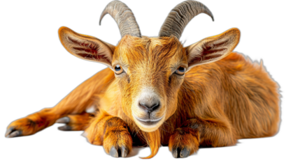A brown goat lies on its belly, facing the camera, with its head resting on its paws. The goat has large, floppy ears and curved horns on a transparent background