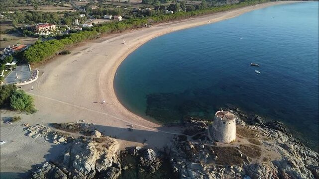 drone shot of torre di bari in barisardo sardegna, sardinia italy