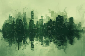 Obraz premium A city skyline is reflected in a body of water
