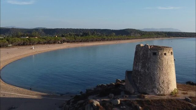 drone shot of torre di bari in barisardo sardegna, sardinia italy