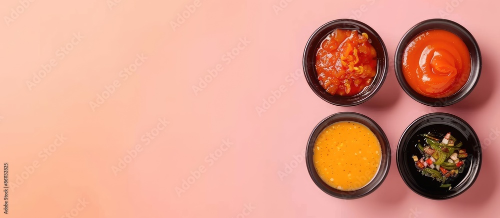 Poster a dipping sauce plate of sauce over pastel background. copy space image. place for adding text and d
