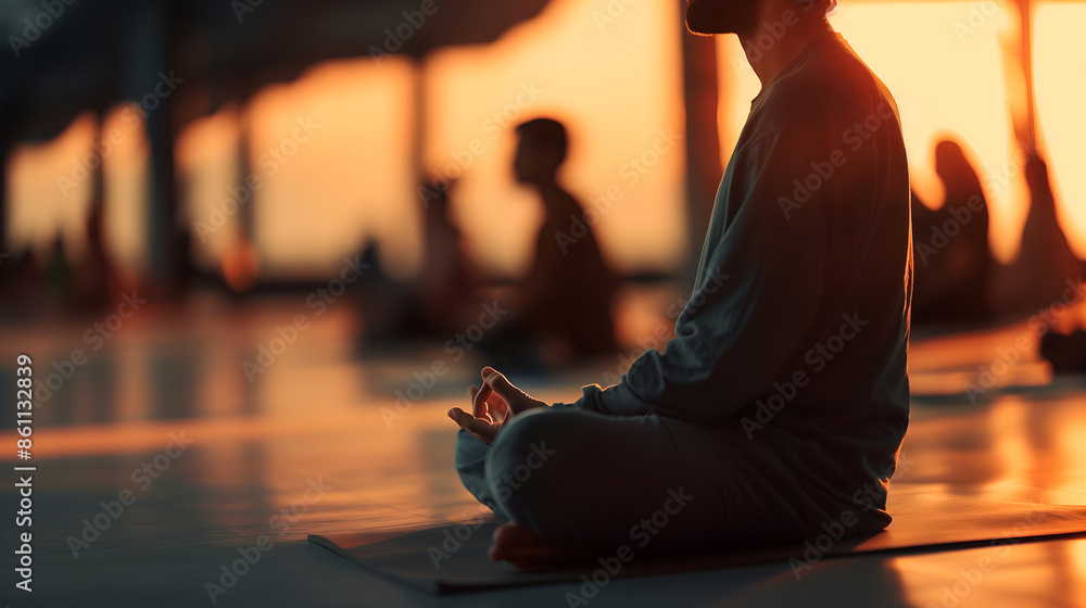 Poster group of people practicing yoga indoor. exercises calmness and harmony. meditation