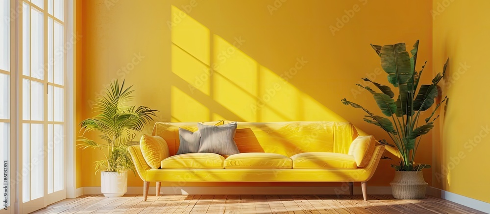 Poster stylish room interior with yellow couch. copy space image. place for adding text and design
