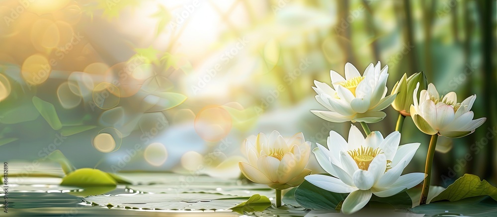 Poster Beautiful white lotus flower in the lake and lotus flower plants, pure white lotus flower. Copy space image. Place for adding text or design