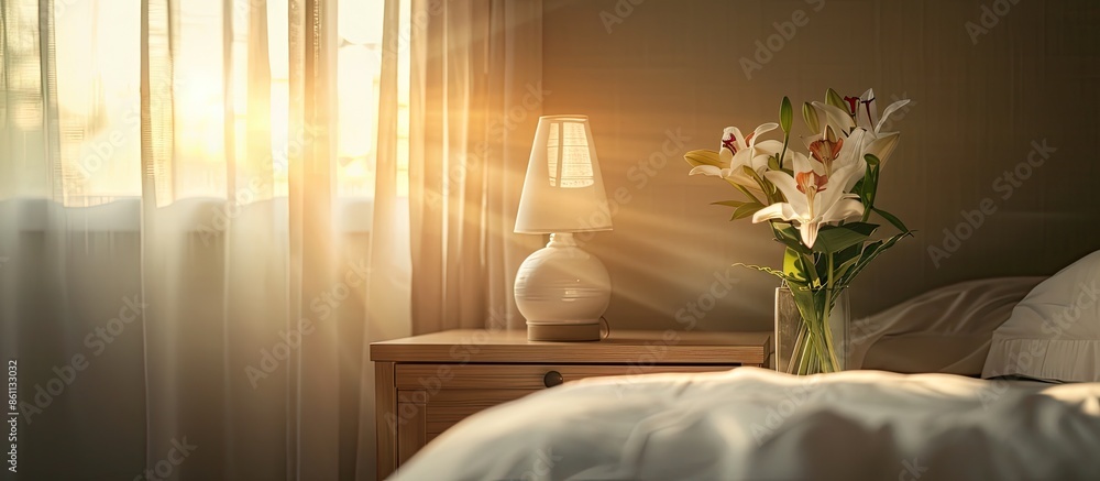 Poster bedside table in hotel with window light. copy space image. place for adding text and design
