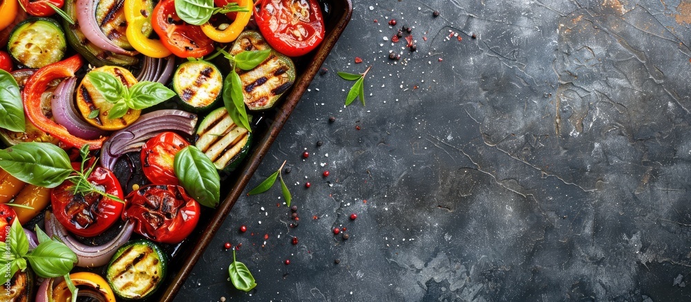 Poster grilled vegetables on baking tray over dark background. top view, flat lay. copy space image. place  - Posters