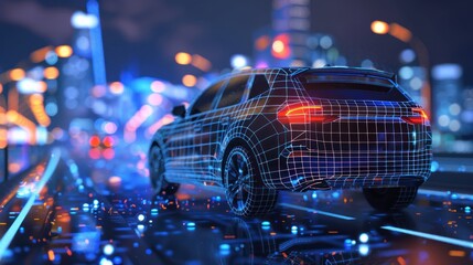 wireframe car concept on road and futuristic city on background SUV rear view, 3D rendering
