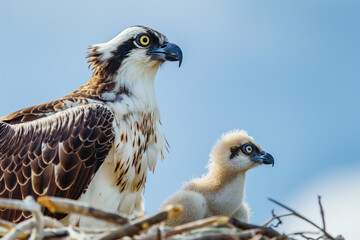 Fototapeta premium Osprey parent and chick resting in a nest