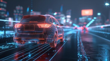 wireframe car concept on road and futuristic city on background SUV rear view, 3D rendering