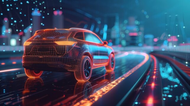 wireframe car concept on road and futuristic city on background SUV rear view, 3D rendering
