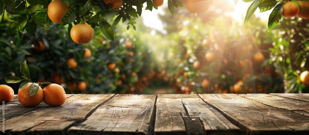 Poster wooden table place of free space for your decoration and orange trees with fruits in sun light. copy