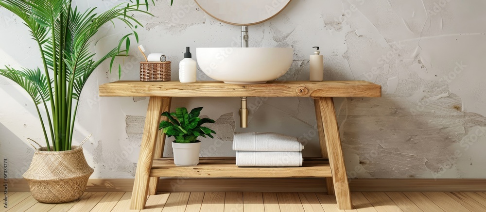 Poster a bathroom with a white sink on a wooden support. copy space image. place for adding text and design
