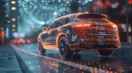 wireframe car concept on road and futuristic city on background SUV rear view, 3D rendering