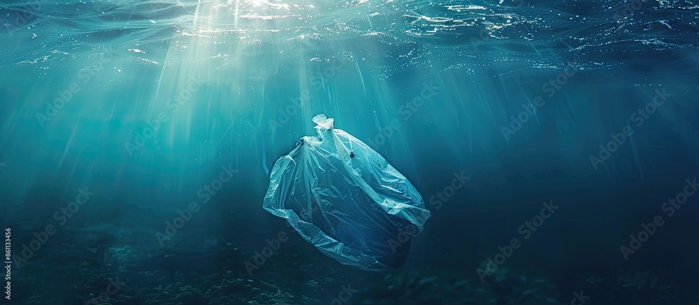 Poster plastic pollution in ocean - plastic bag floating on sea - environmental problem. copy space image. 