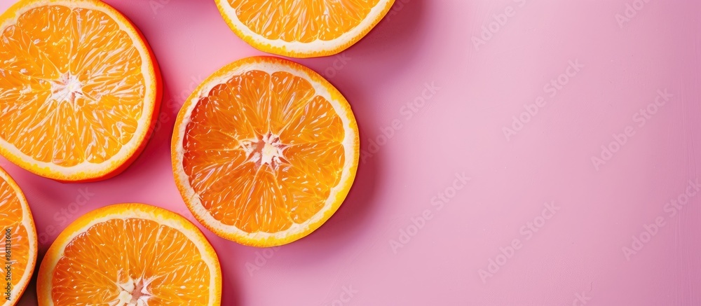 Poster sliced orange fruit sliced isolated on pastel background. copy space image. place for adding text an