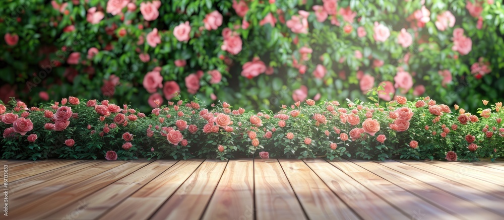Aufkleber roses bush with wooden floor background. copy space image. place for adding text and design
