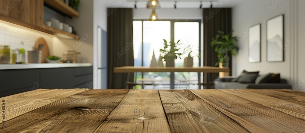 Poster table top and blur kitchen room of the background. copy space image. place for adding text and desig