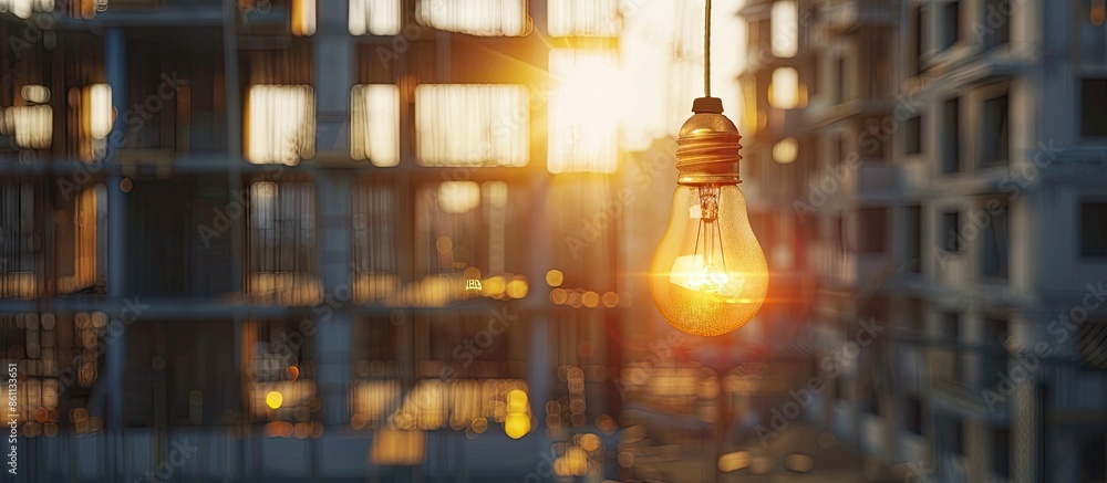 Poster bare light bulb at internal construction site. copy space image. place for adding text and design