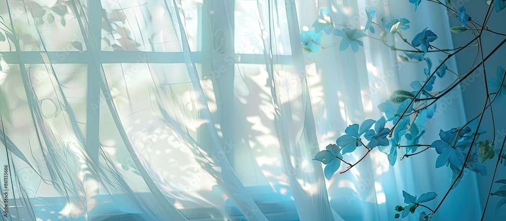 Poster background. a transparent curtain on a window of blue color with blue flowers. light through the cur