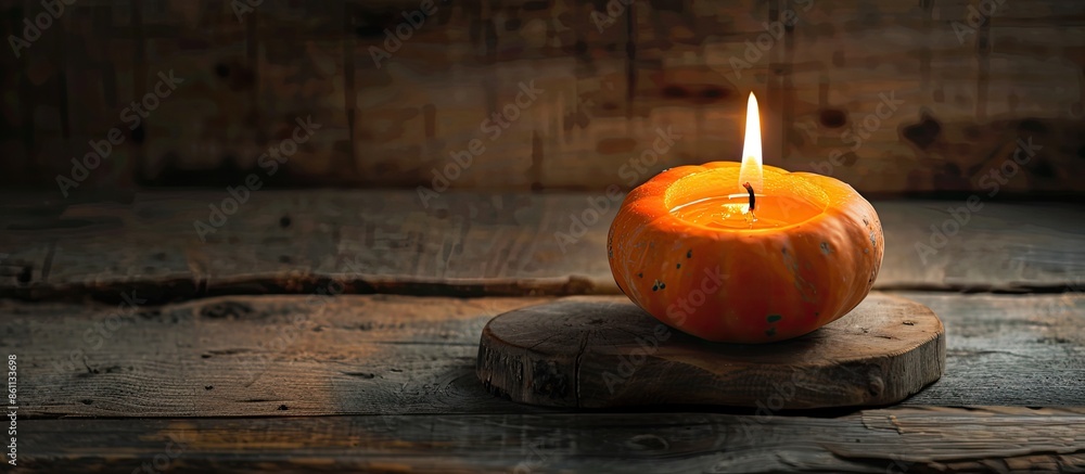 Sticker Burning candle in an orange pumpkin on a wooden board. Copy space image. Place for adding text and design