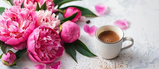 A slow morning fragrance: a strong coffee top note, a heart note of heady-sweet just-unfolded peonies scent. Copy space image. Place for adding text and design