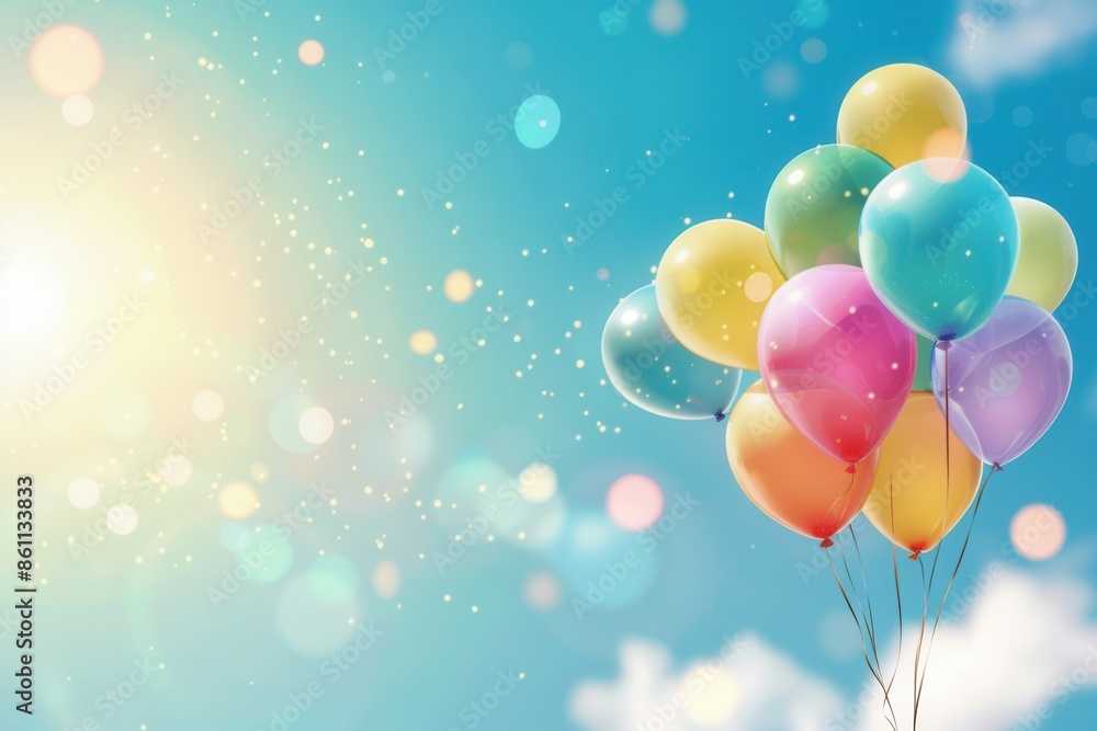 Poster a group of colorful balloons with congratulatory messages float against a blue sky with white clouds