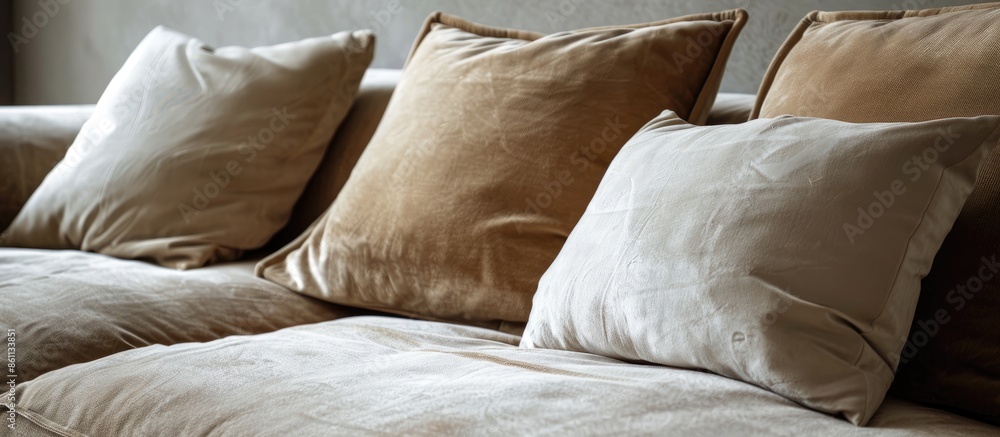 Poster close up of natural color sofa with soft pillow interior concept. copy space image. place for adding