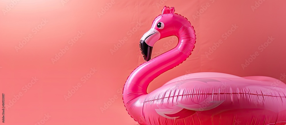 Poster giant inflatable flamingo on a pink background, pool float party, trendy summer concept. copy space 