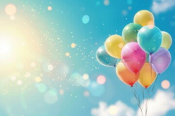 A group of colorful balloons with congratulatory messages float against a blue sky with white clouds. Generative AI