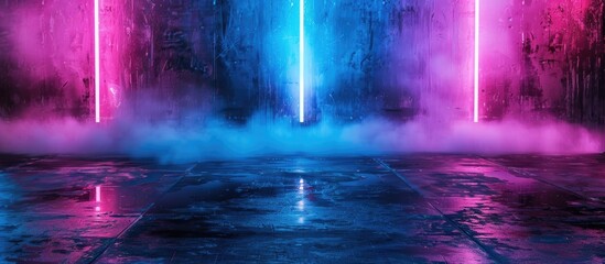Background wall with neon lines and rays. Background dark corridor with neon light. Abstract background with lines and glow. Wet asphalt, neon smoke. Copy space image. Place for adding text or design