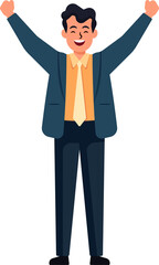 Obraz premium A businessman in a suit and tie is smiling and raising his arms in the air