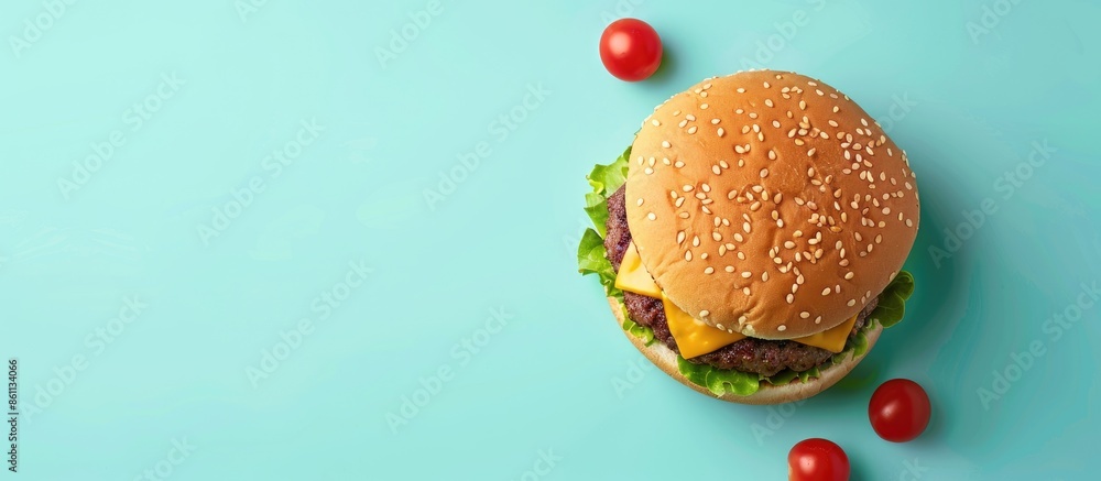 Poster tasty homemade cheeseburger isolated on pastel background. beef cheeseburger with melting cheese. co