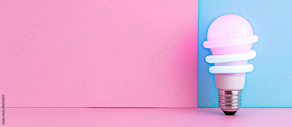 Poster bright energy saving fluorescent light bulb pastel background. copy space image. place for adding te