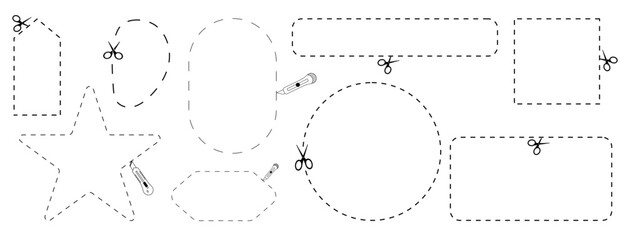 Cut here icon. Set of scissors cutting shape, paper cut here icon with dotted line for ticket, coupon, promo code.