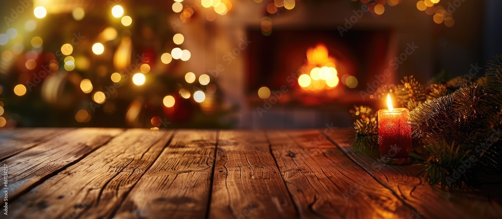 Poster fireplace and wooden desk for your decoration with blurred xmas tree . copy space image. place for a