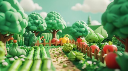 3d Cartoon green , fruits, farm, tropical foods , landscape, cloud cute theme 