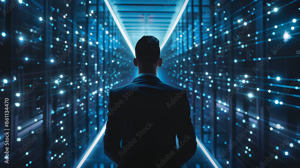 Poster businessman with virtual cyber security technology and online data protection for security of data s