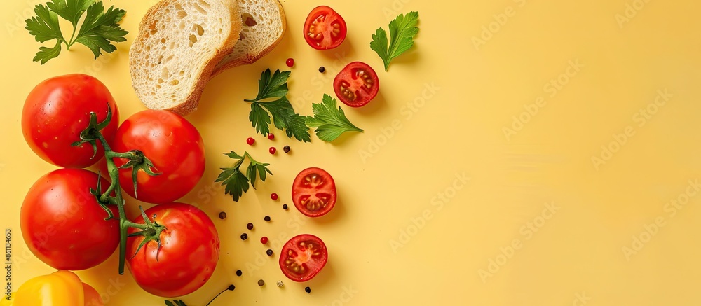 Poster tomato, bread, parsley and pepper isolated on the pastel background. copy space image. place for add
