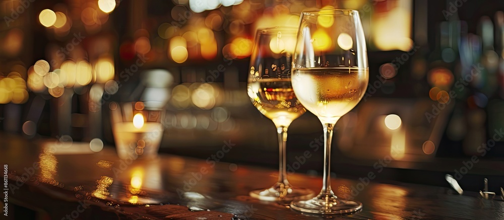 Poster glasses of white wine on bar counter, small focus depth. copy space image. place for adding text and