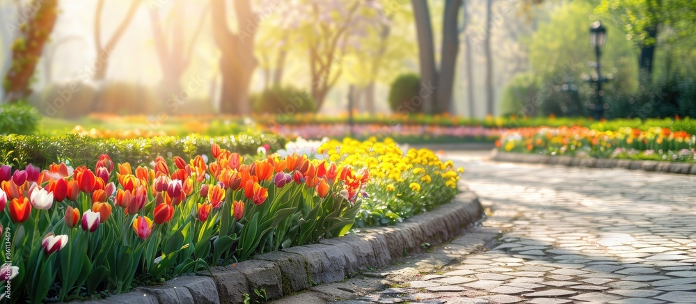 Aufkleber in spring, the flower beds on the side of the stone square in the park. copy space image. place for 