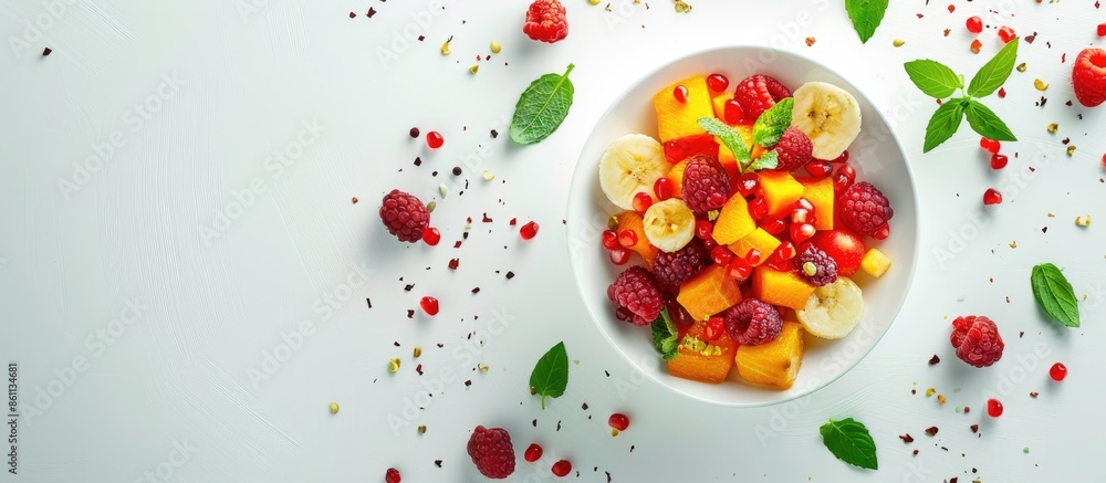 Aufkleber cup with tasty fruit salad on white background. copy space image. place for adding text and design