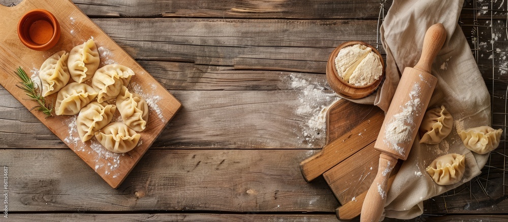 Poster rolling pin by dumplings on cutting board in kitchen at home. copy space image. place for adding tex