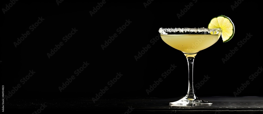 Poster margarita cocktail garnished with lime on a black background. copy space image. place for adding tex